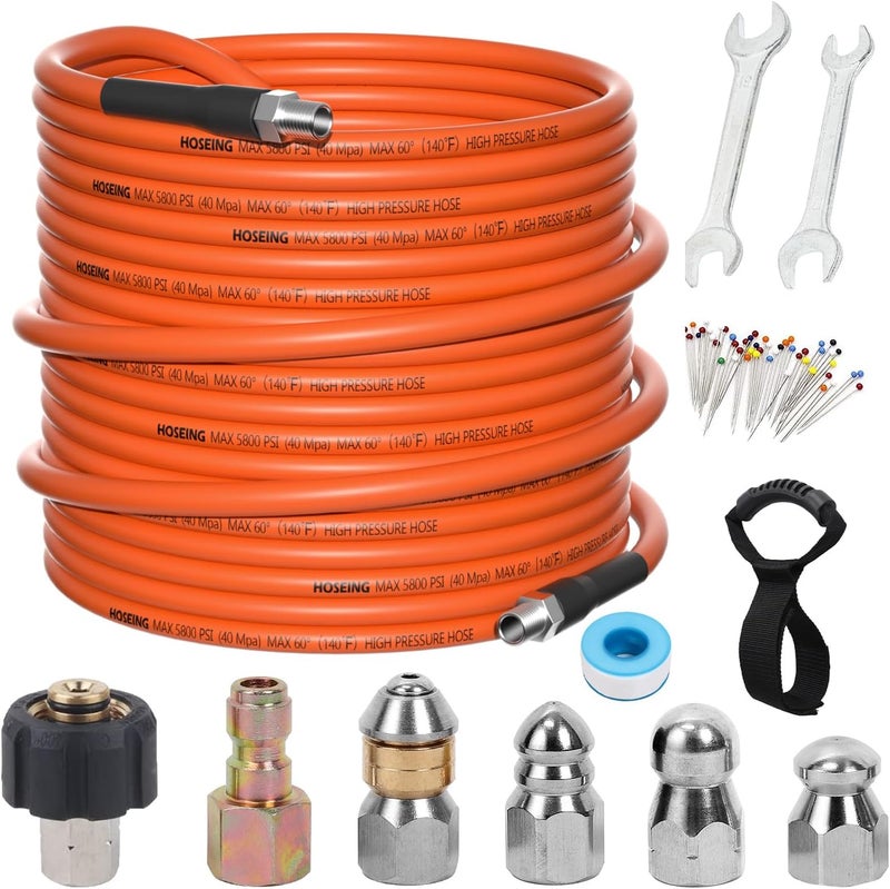 HOSEING 50FT Sewer Jetter Kit for Pressure Washer, 5800 PSI Water Jet Drain Cleaner Hose With Corner Rotating Button Nose Nozzle, 1/4 Inch NPT, Spanner Handle and Strap - Image 1